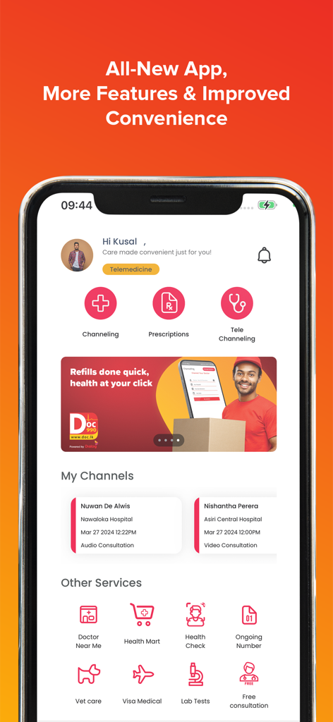 Dashboard of the Doc990 app featuring telehealth, medicine delivery, and appointment management services