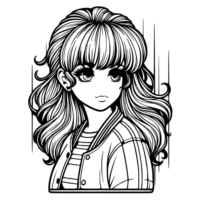 realistic girl with retro curtain bang hair and retro 80s outfit