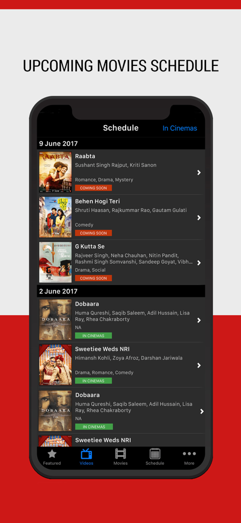 IndiaTVShowz - Bollywood App - Interface of the IndiaTVShowz app displaying the upcoming Bollywood movies schedule with release dates and details