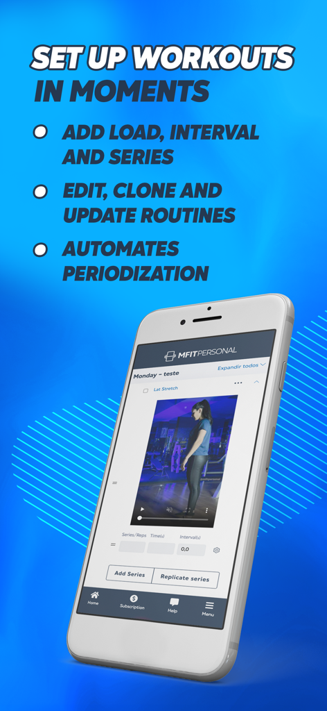 Interface of the MFIT Personal app on a smartphone showing how to set up workout routines with exercise videos and series details