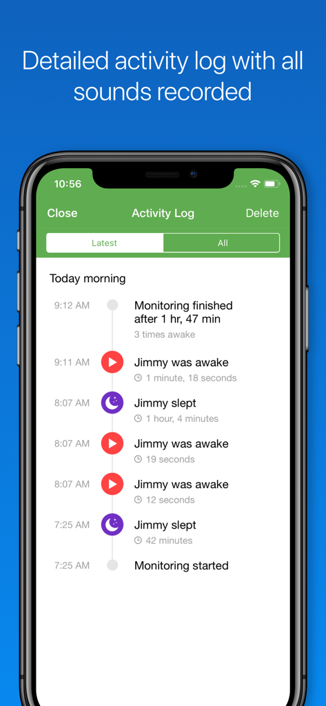 Screenshot of the Baby Monitor 3G app showing a detailed activity log with baby sleep and wake patterns.