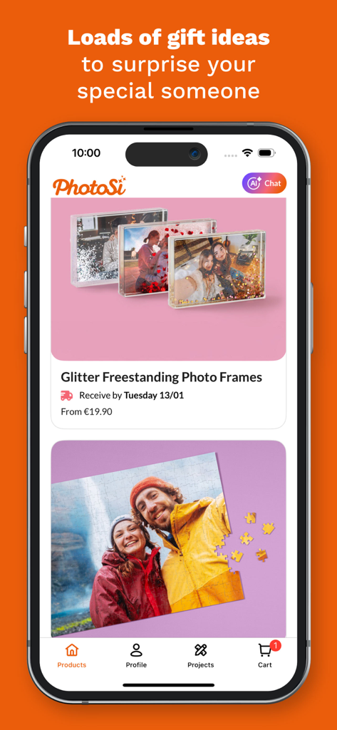 PhotoSi: Photobooks and prints - Tela do aplicativo PhotoSi mostrando opções de presentes personalizados como porta-retratos com glitter e quebra-cabeças personalizados