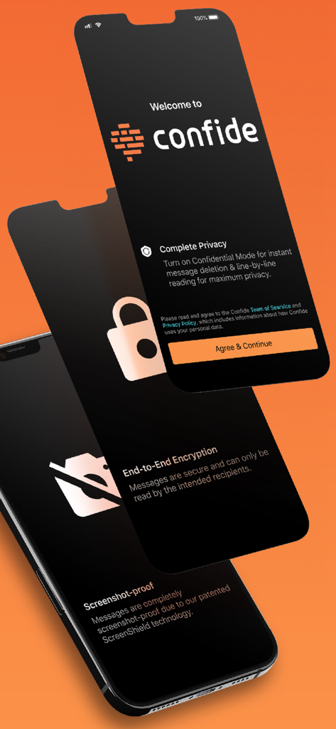 Confide app screenshots showing privacy encryption and screenshot proof messaging features