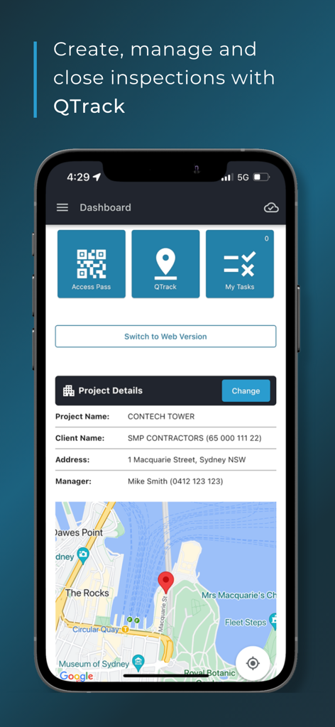 Simpel - Simpel construction app dashboard displaying project details and a location map for inspection management
