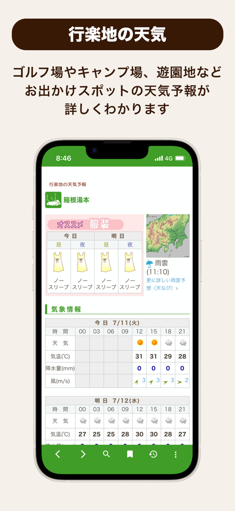 てんきとくらす tenki to kurasu - Tenki to Kurasu app showing weather forecast and clothing recommendations for leisure spots in Japan