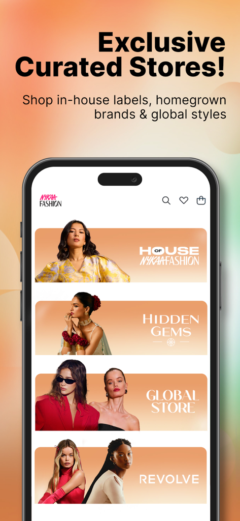 Nykaa Fashion - Shopping App - Un teléfono móvil mostrando la interfaz de la aplicación Nykaa Fashion con secciones para House of Nykaa Fashion, Hidden Gems y Global Store.