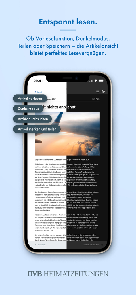 OVB ePaper app article view with dark mode and audio reading options