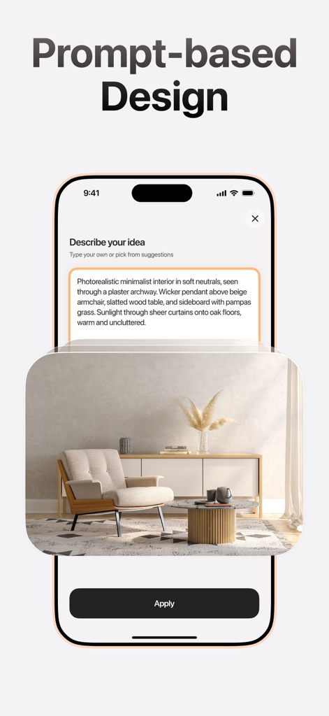 Ein Smartphone-Bildschirm, der die ReRoom AI-App mit einer Texteingabeaufforderung zur Generierung eines minimalistischen Innendesigns zeigt