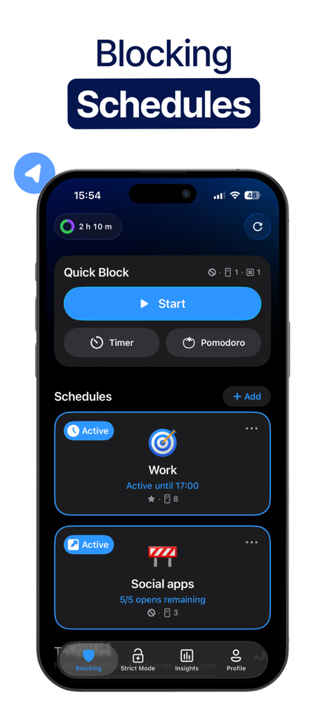 AppBlock mobile app interface displaying customizable blocking schedules for work and social media apps