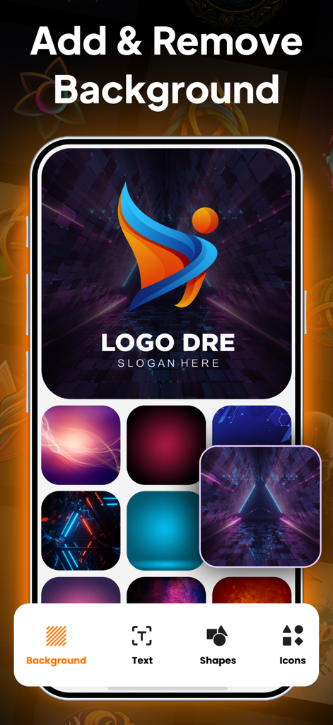 Interface do aplicativo Logo Maker mostrando opções de personalização de fundo para um design de logo.