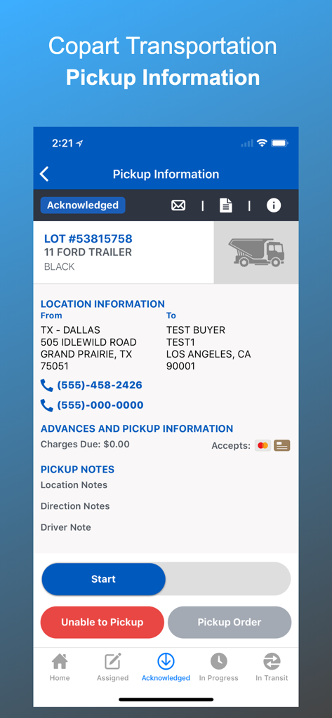 Copart Transportation - Copart Transportation app screen showing vehicle pickup information with lot number and locations