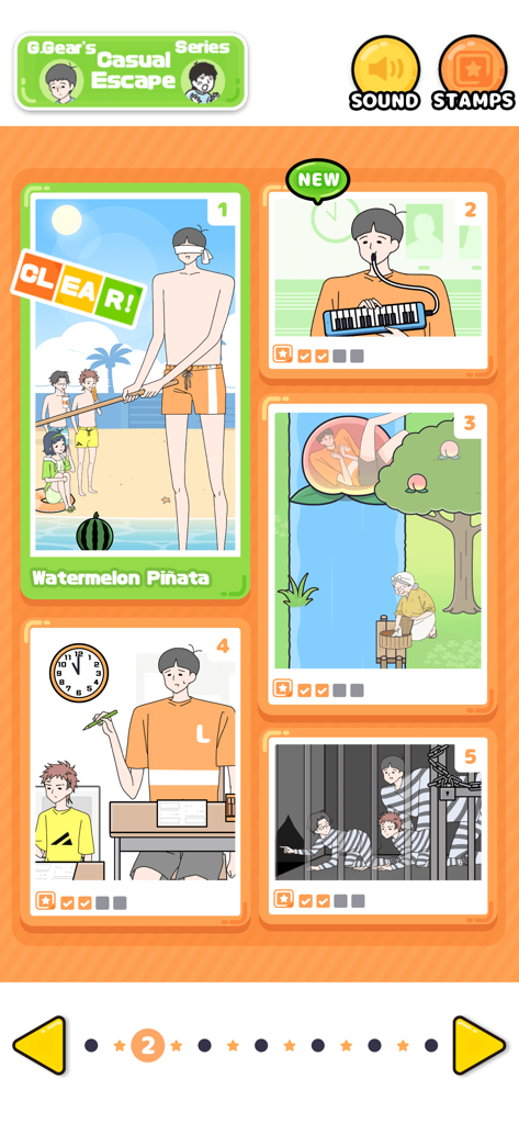 Pantalla de selección de niveles del juego de escape Tall Boy, con varios escenarios de puzles peculiares con un protagonista alto.