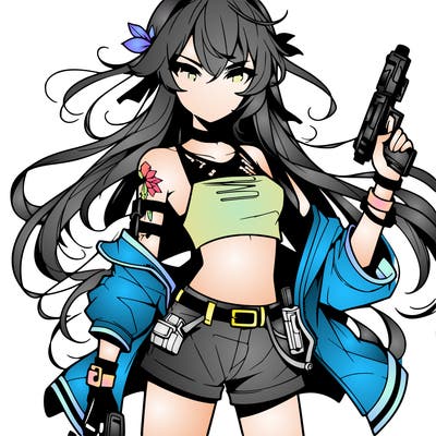 bad girl wearing crop top holding a gun long hair anime