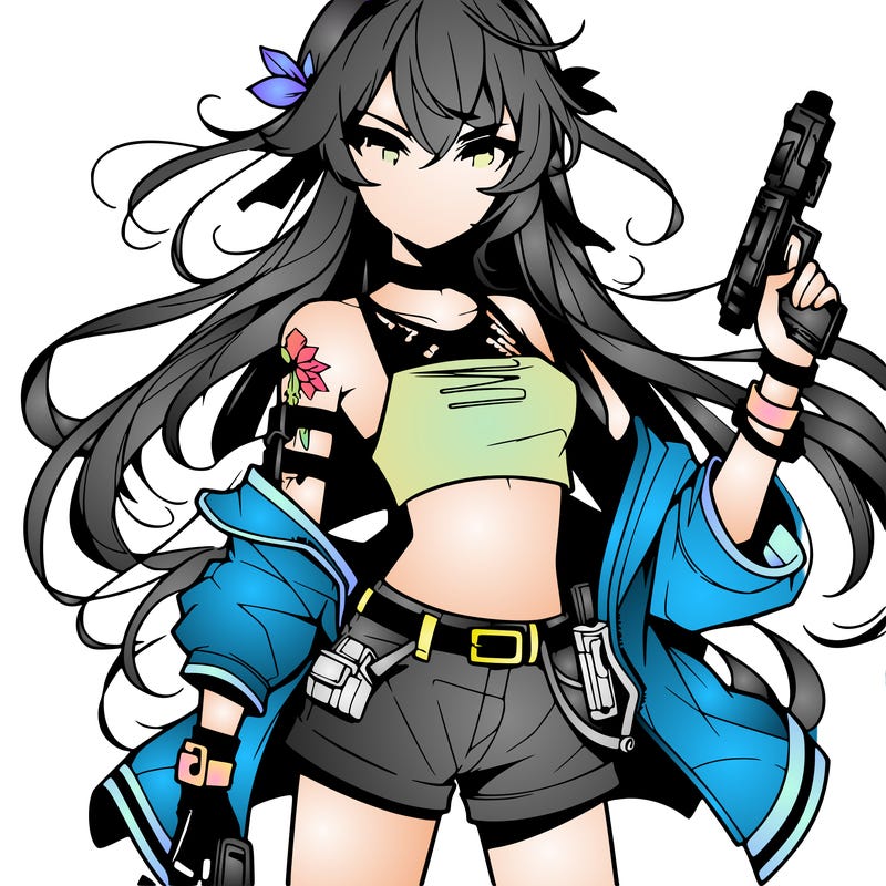 bad girl wearing crop top holding a gun long hair anime
