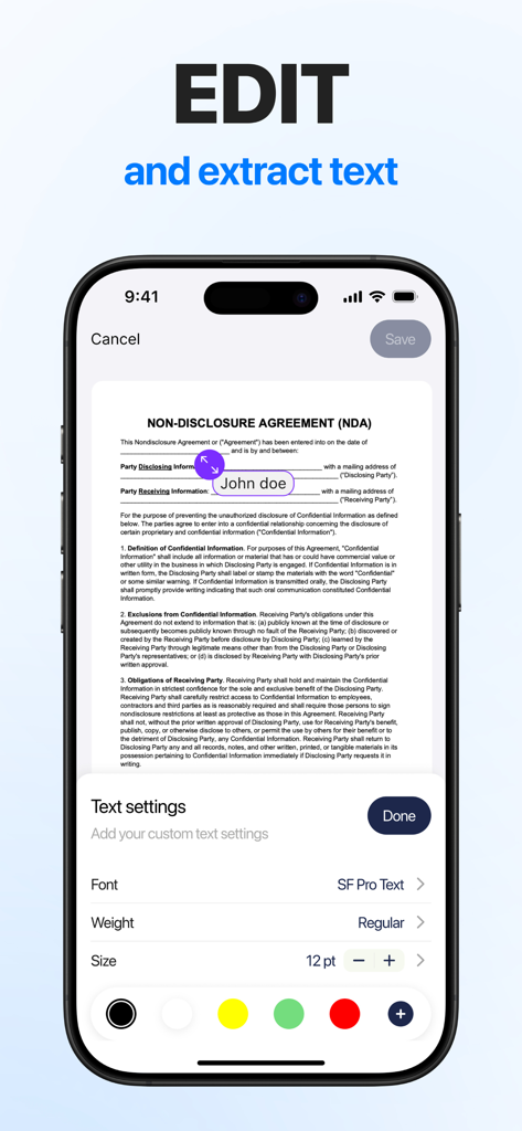 eSign: Fill, Sign Documents - Pantalla de iPhone de la aplicación eSign editando un documento legal con opciones de personalización de texto
