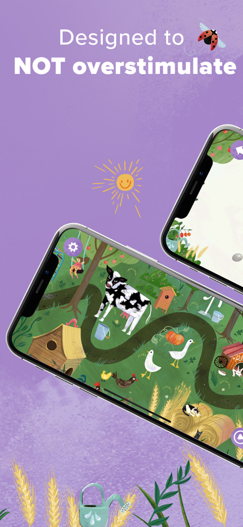 Smart Kiddo Montessori Kids 3+ - Smart Kiddo app screenshot displaying a calm hand-drawn farm scene with the text Designed to NOT overstimulate.