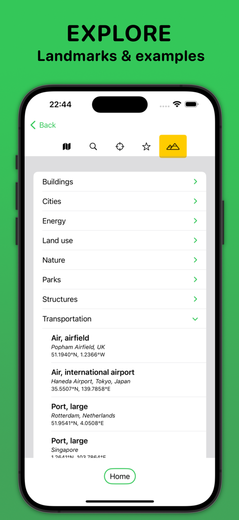 MapScale app interface showing a list of landmark categories and example locations for geographical scale comparison