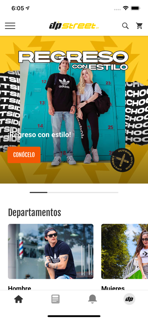 dp - Pantalla de inicio de la app dp con un banner de moda dpstreet y departamentos de compras para hombres y mujeres.