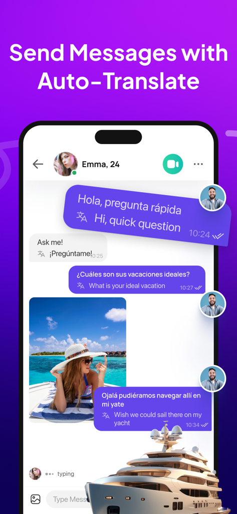 Interfaz de chat de la app TopLive con traducción de mensajes en tiempo real entre español e inglés.