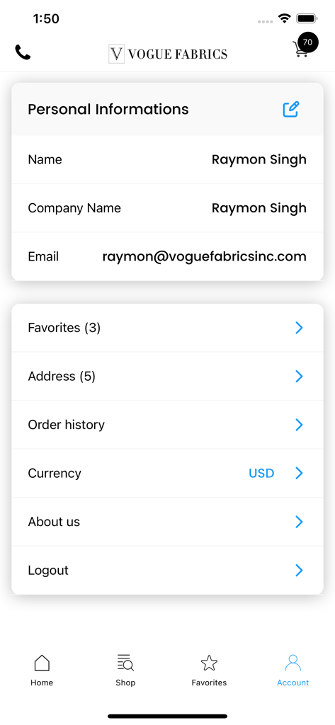 Vogue Fabrics mobile app user account and profile management screen