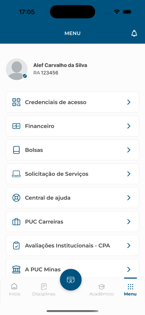 Menú principal de la aplicación PUC Minas Móvil mostrando el perfil del estudiante y las opciones de servicios académicos