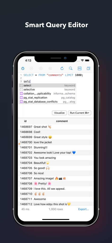 TablePlus smart query editor with SQL autocomplete on iPhone