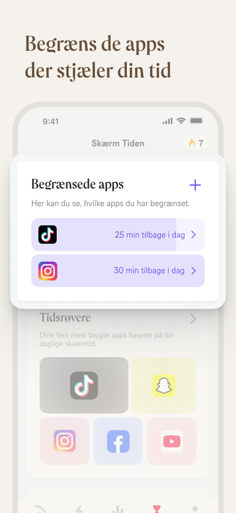 Interface of the Norlys app showing screen time limits and tracking for social media apps like TikTok and Instagram