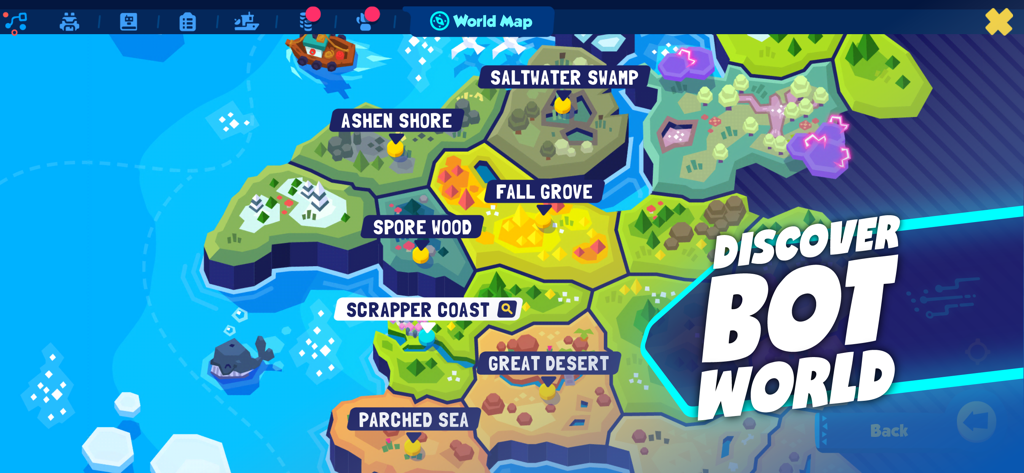 Botworld Adventure - A colorful world map showing different biomes and regions in the game Botworld Adventure