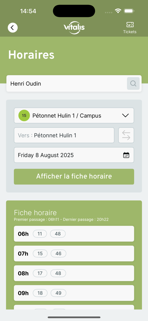 Vitalis - Écran de l'application Vitalis montrant les horaires et les plans de bus à Poitiers
