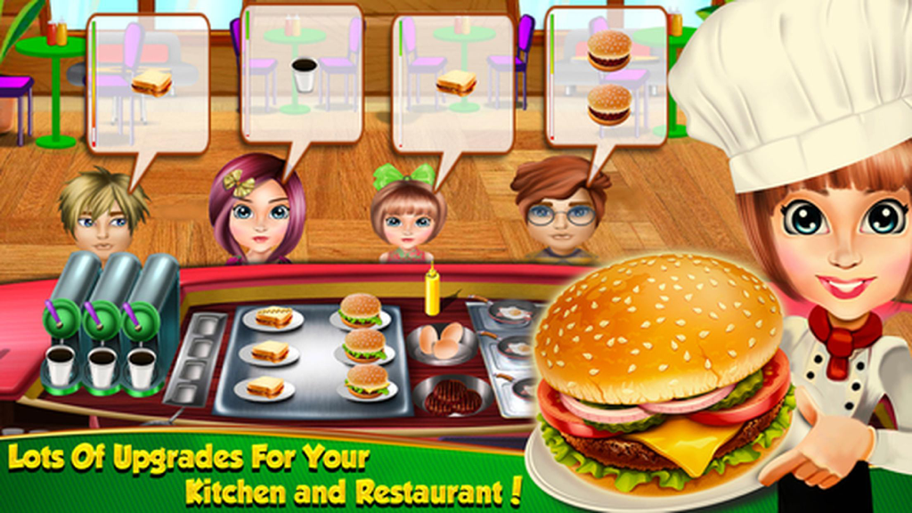 Cooking Dash Story - Fast Food Store & Burger King - Female chef serving burgers and sandwiches to customers in a fast food restaurant simulator