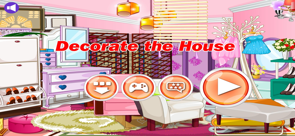 Decorate the House - Main menu of the Decorate the House interior design app showing a furnished pink room and interactive play buttons.
