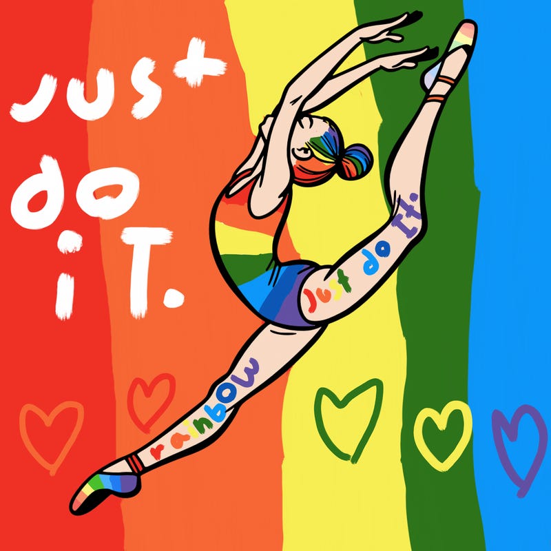 gymnast doing a leap in a leotard with a bent back leg