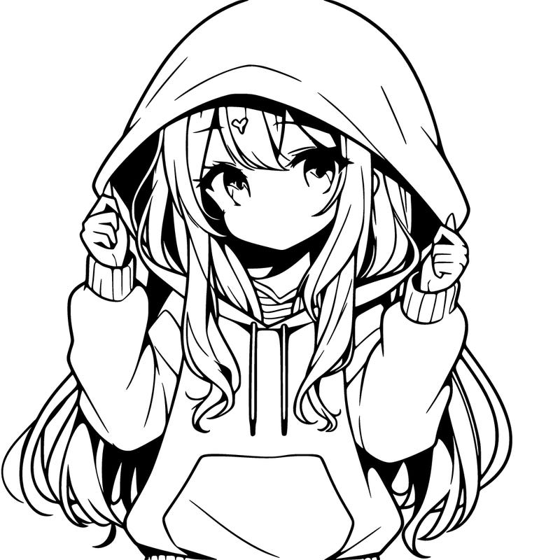 an anime girl with long hair and in a big hoodie