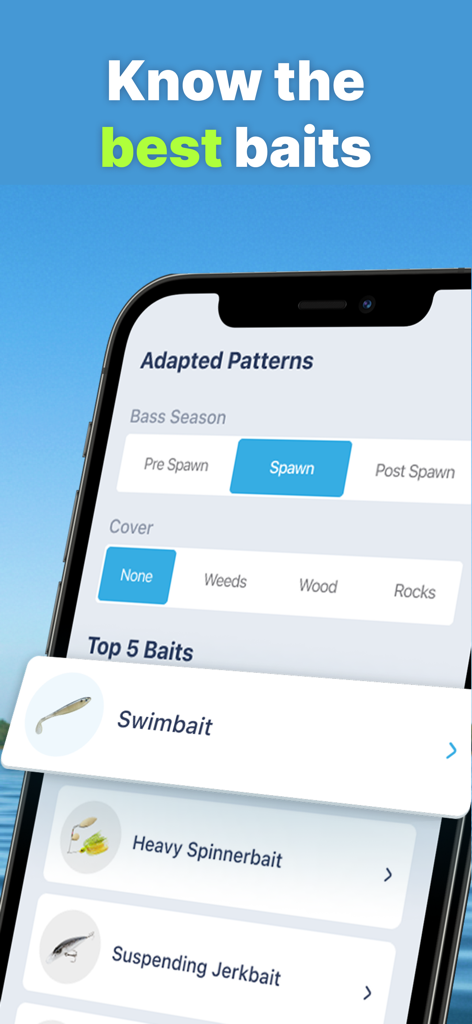 BassForecast: Bass Fishing App - BassForecast app screen showing top fishing baits and seasonal patterns for bass fishing.