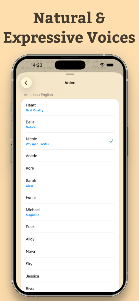 A list of natural and expressive AI voices to choose from in the Aurader app interface.