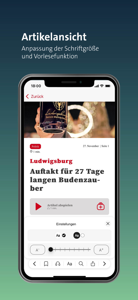 Artikelansicht in der LKZ e-paper App mit Optionen zur Schriftgrößenanpassung und Audio-Leseoptionen