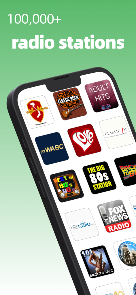 An iPhone screen displaying a diverse collection of radio station icons including news sports and music genres