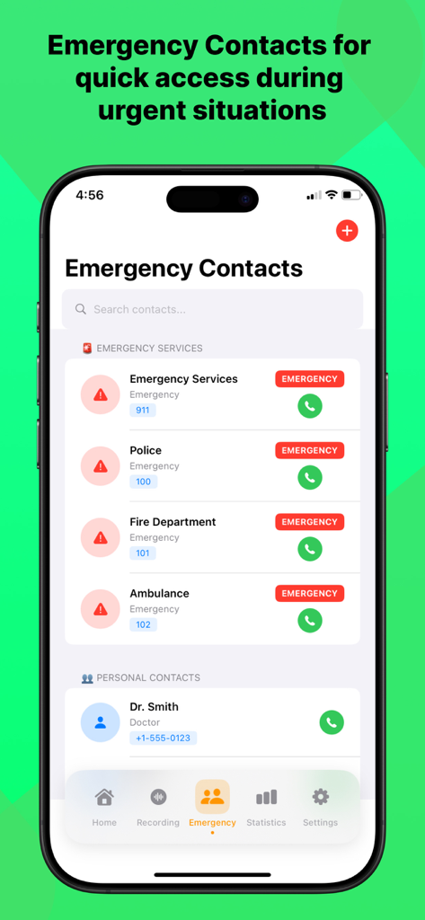WhatsChat Pro - Pantalla de contactos de emergencia de WhatsChat Pro para acceso rápido a servicios de emergencia y contactos médicos personales.