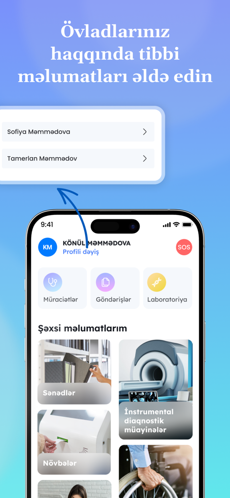 e-Tabib - La interfaz de la aplicación móvil e-Tabib que muestra la gestión de registros médicos familiares y el panel de servicios de salud personal.