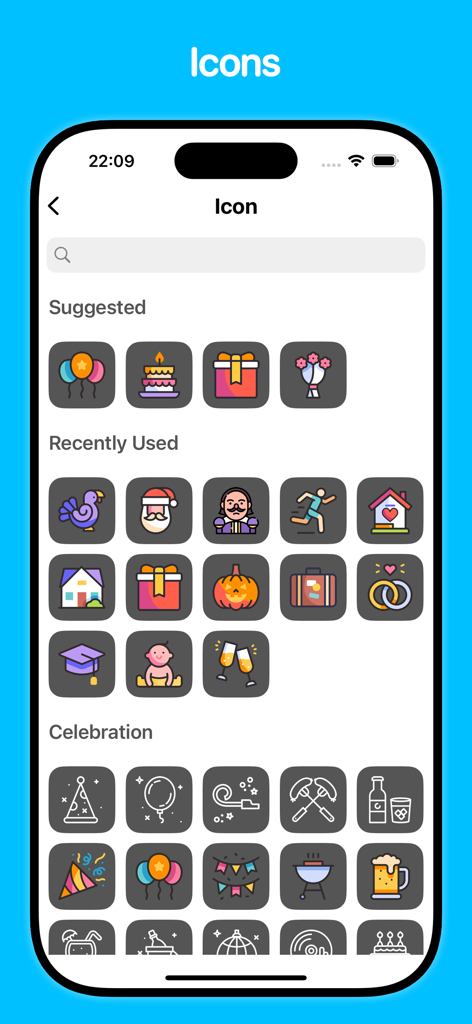 Countdown: Event Countdown - Uma biblioteca de ícones coloridos no aplicativo Contagem Regressiva usada para personalizar cronômetros de eventos para aniversários, feriados e celebrações.