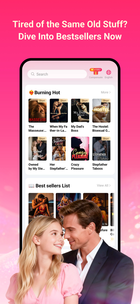 Fatednovel- Web novel & Story - A mobile interface for Fatednovel app showing a selection of trending romance stories and a romantic couple