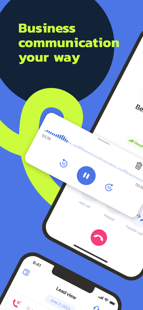 MightyCall Call Center mobile app interface showing business communication tools and call recording features.