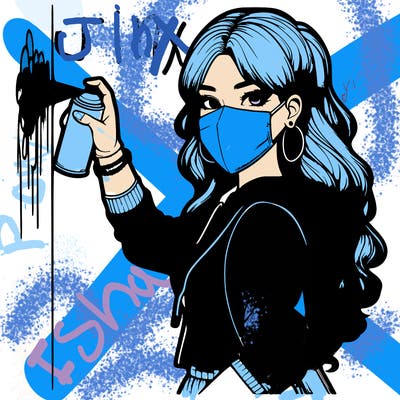 realistic girl with mask spray painting a wall