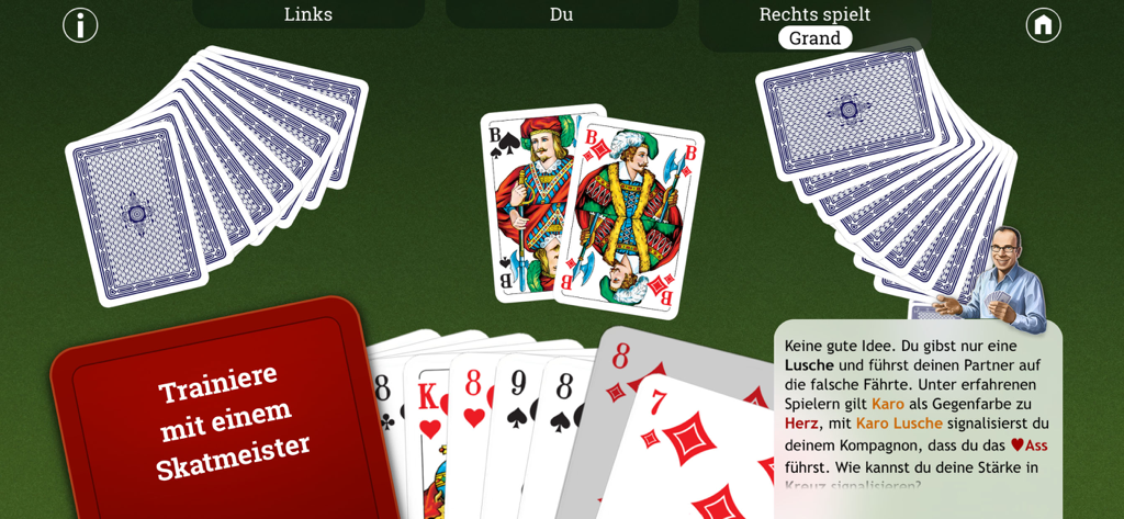 Skat - Una captura de pantalla de la aplicación Skat que muestra una sesión de entrenamiento con consejos de estrategia de un instructor virtual.