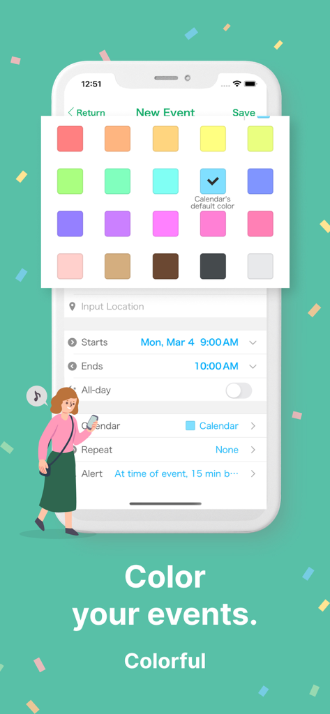 A mobile interface for Simple Calendar showing a palette of vibrant colors to color-code new events