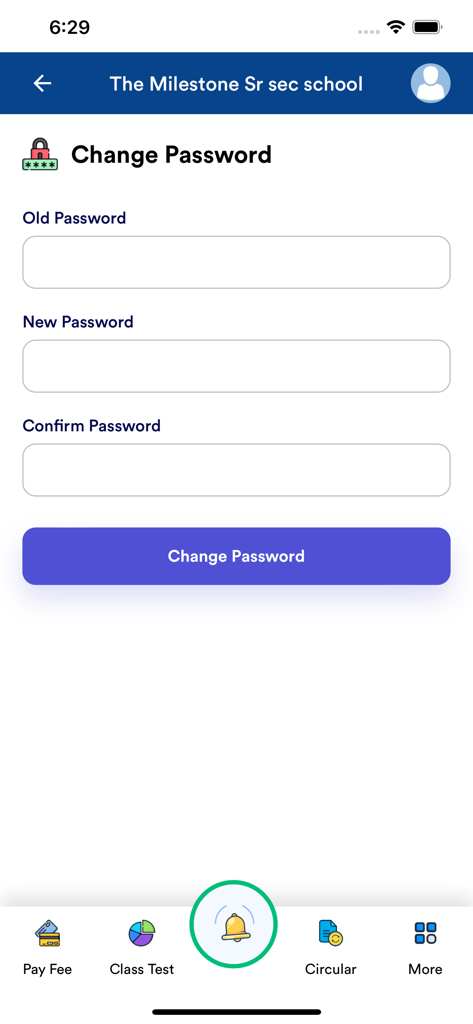 Change Password screen in the Edusecure mobile app for school management