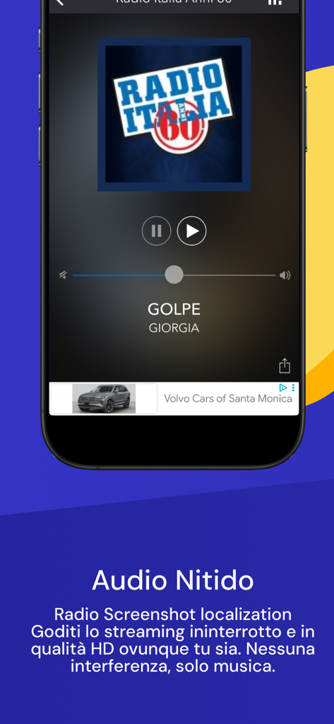Radio FM - Interfaccia dell'app Radio FM che riproduce una stazione italiana con audio chiaro in alta definizione