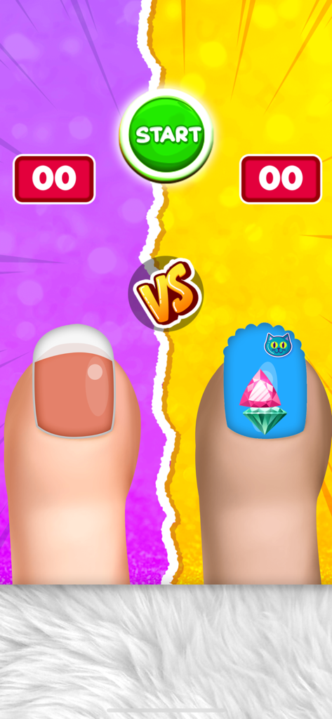 Pantalla dividida que muestra una competencia de arte de uñas entre dos diseños y tonos de piel diferentes