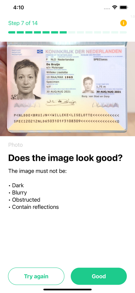 Victoria-ID - Victoria-ID mobile app interface for reviewing a captured passport photo with quality check instructions.