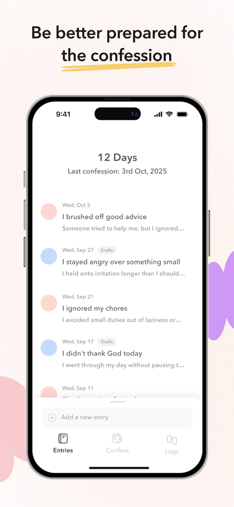 Catholic Confession Journal app interface displaying a list of journaled reflections and sins to prepare for confession